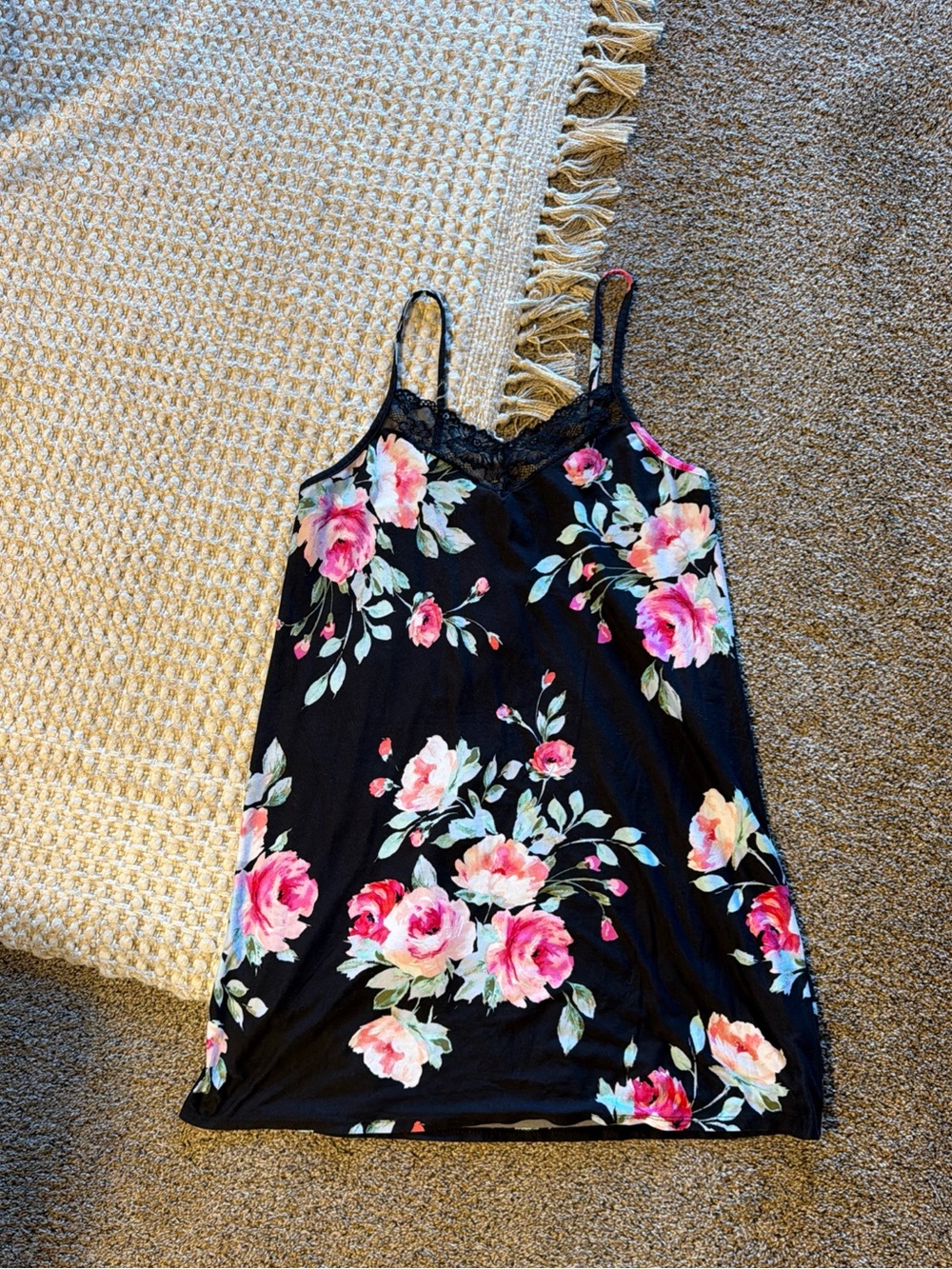 Black Floral Lace Trim Slip Nightgown - Women